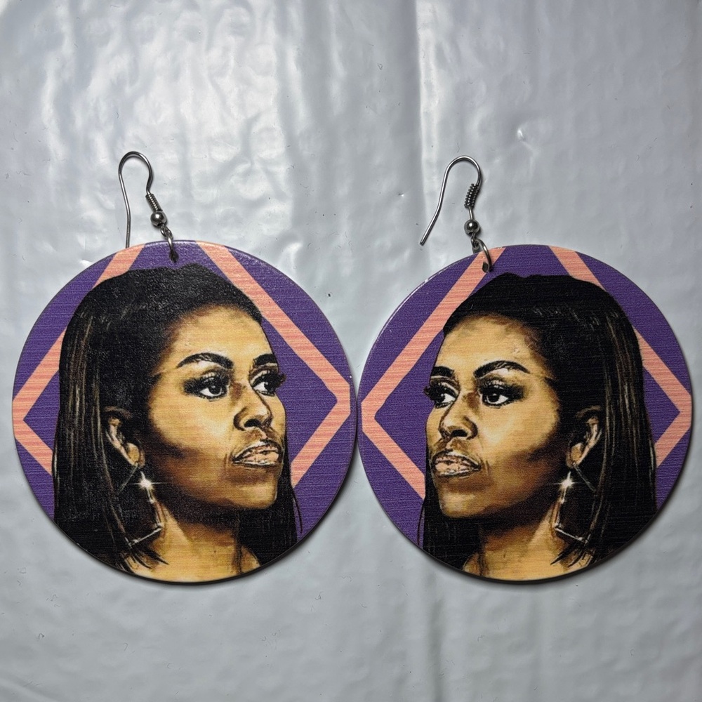 Handcrafted Purple and Pink Graphic Michelle Obama Earrings